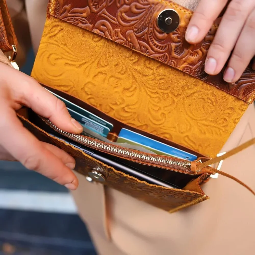 Small Handmade Leather Crossbody Bag for Women, Phone Wallet Purse